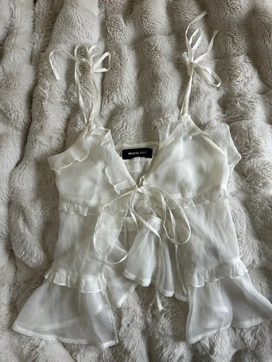 White Fox Boutique Sheer Ivory Ruffle Tie-Front Cami - Picture 2 of 5